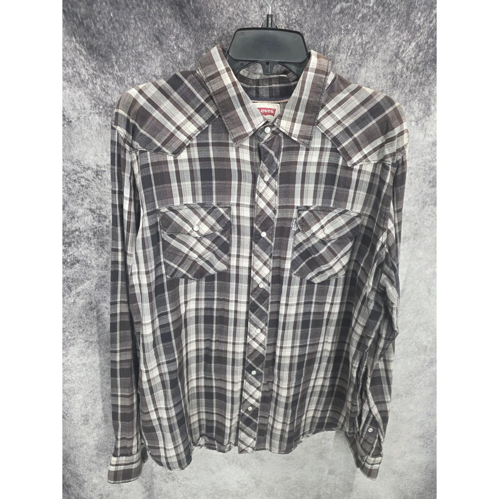 Vintage Levis Western Flannel Shirt Men Large Gray Plaid Pearl Snap Cowboy